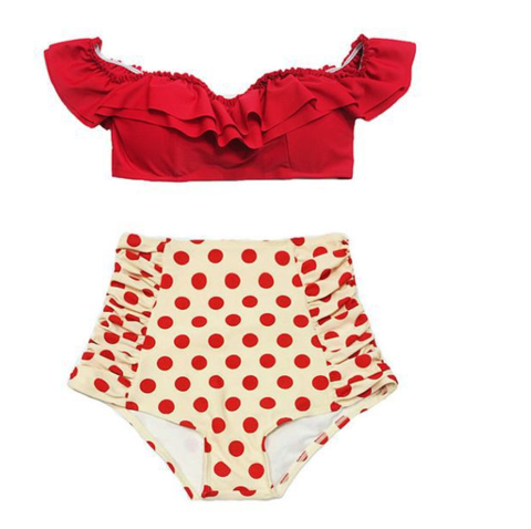 Fashion Women Upper Falbala Bikini Red And Red Dots Print High Waist Two Piece Bikini Off-shoulder