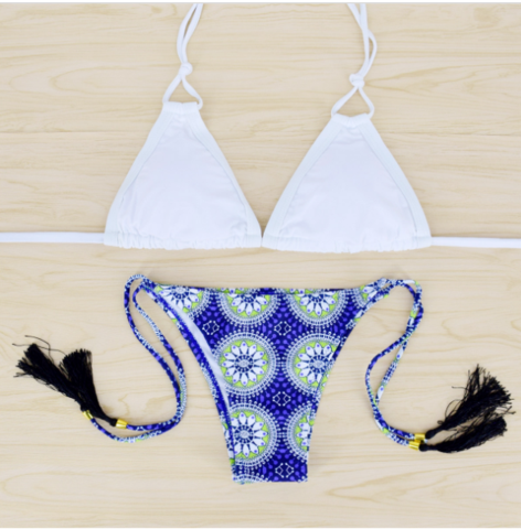 Fashion Upper White Two Straps Hanging Neck Bottom Navy Blue Geometry Print With Tassel Two Piece Bikini