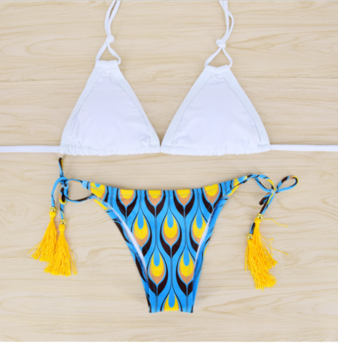 Fashion Upper White Two Straps Hanging Neck Bottom Blue Geometry Print With Tassel Two Piece Bikini