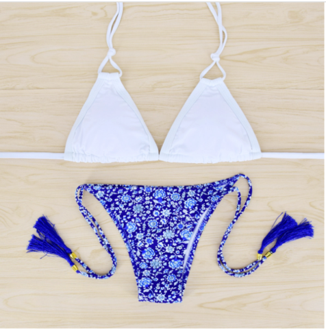 Fashion Upper White Two Straps Hanging Neck Bottom Blue Floral Print With Tassel Two Piece Bikini