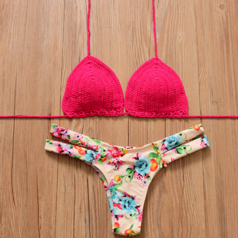Fashion Upper Pink Knit With Bottom Yellow Flower Print Side Open Two Piece Bikini