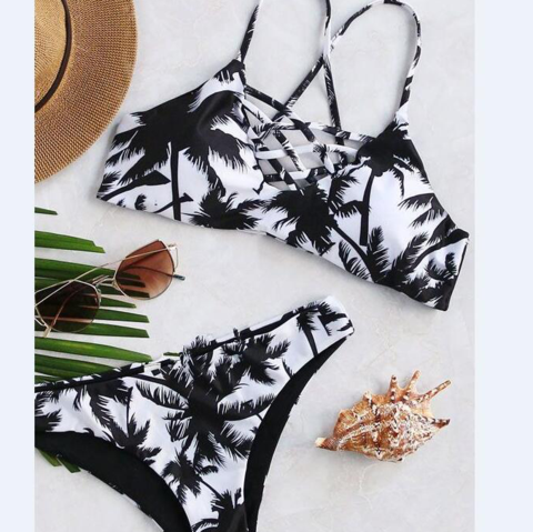 Black White Print Coconut Tree Style Back Polyline Back Cross Straps Two Piece Bikini Bath Suit