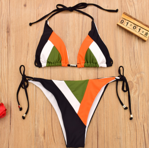 Contrast Fashion Multicolor Splicing And Black Rope Two Piece Bikini