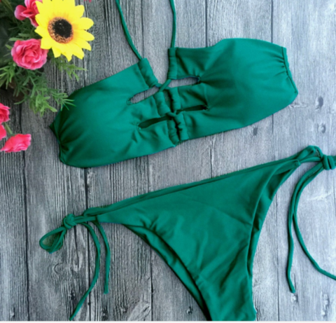 Green Hanging Neck Chest Hollow With Back Knot Two Piece Bikini