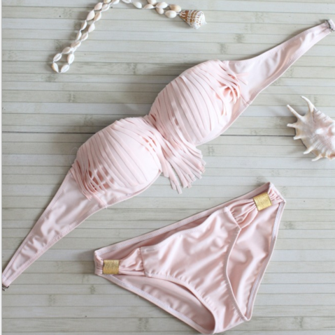 Fashion Women Background Pink With Tassel Two Piece Bikini Shell Bikini