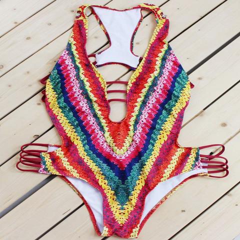 Rainbow Stripe Type Sexy One Piece Vest Bikini Back Interval Hollow Swimsuit And Bottom Side Hollow
