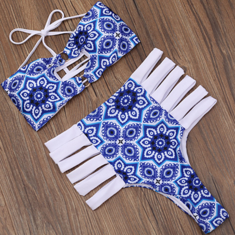 Blue Print Strapless Bikini Back Holes And Hanging Neck Bottom Side Interval Hollow Two Piece Bath Suit Bikini