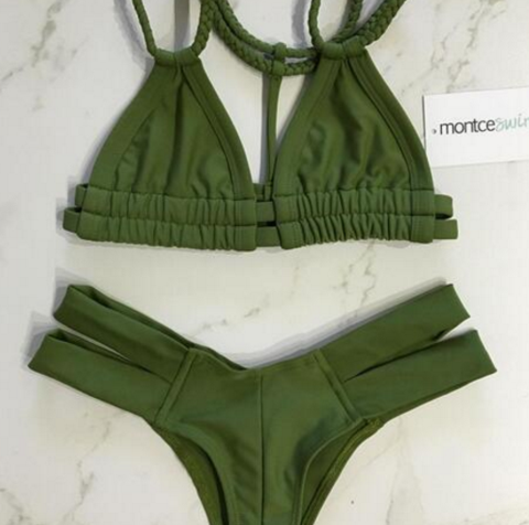Army Green Color Fashion Braid Back Knot Bikini Two Strape Bikini Bottom Side Open Two Piece Bikini Bath Suit