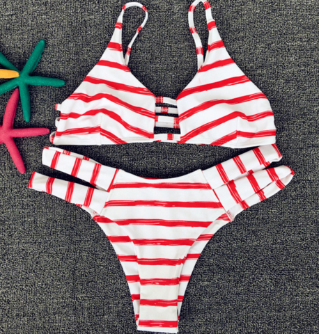 Fashion White Red Stripe Chest And Back Hollow Two Piece Bikini And Bottom Side Open Hollow Bath Suit