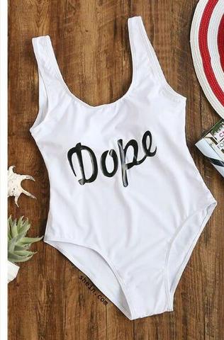 "dope"letters Print White Swimwear One Piece Bikini Show Thin