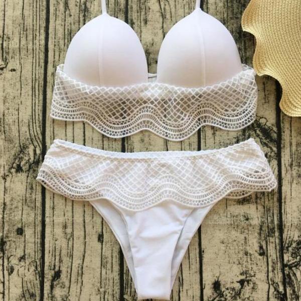 Sexy New Arrival Two Piece Bikini Pure White Edge Lace Sexy Swimsuit on