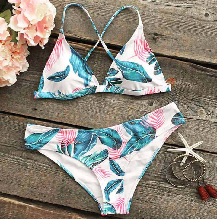 Fashion Background White And Green Leaf Print Back Straps Cross Two ...